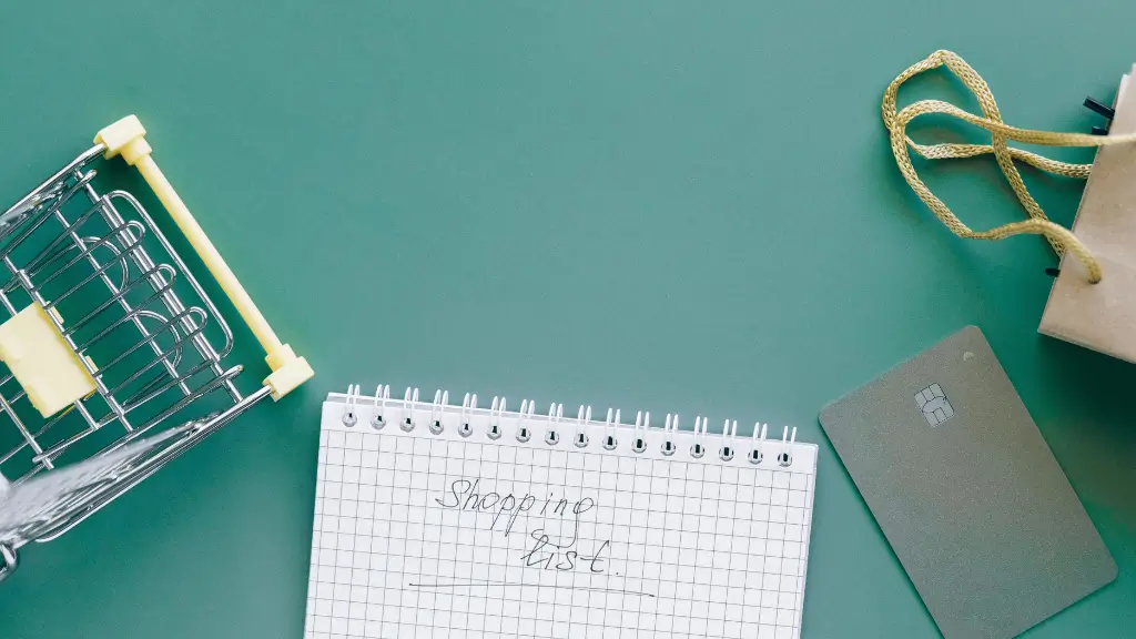 Um carrinho de compras em miniatura, um caderno com a inscrição "Shopping List", um cartão de crédito e uma pequena sacola de papel, todos dispostos sobre um fundo verde-azulado.